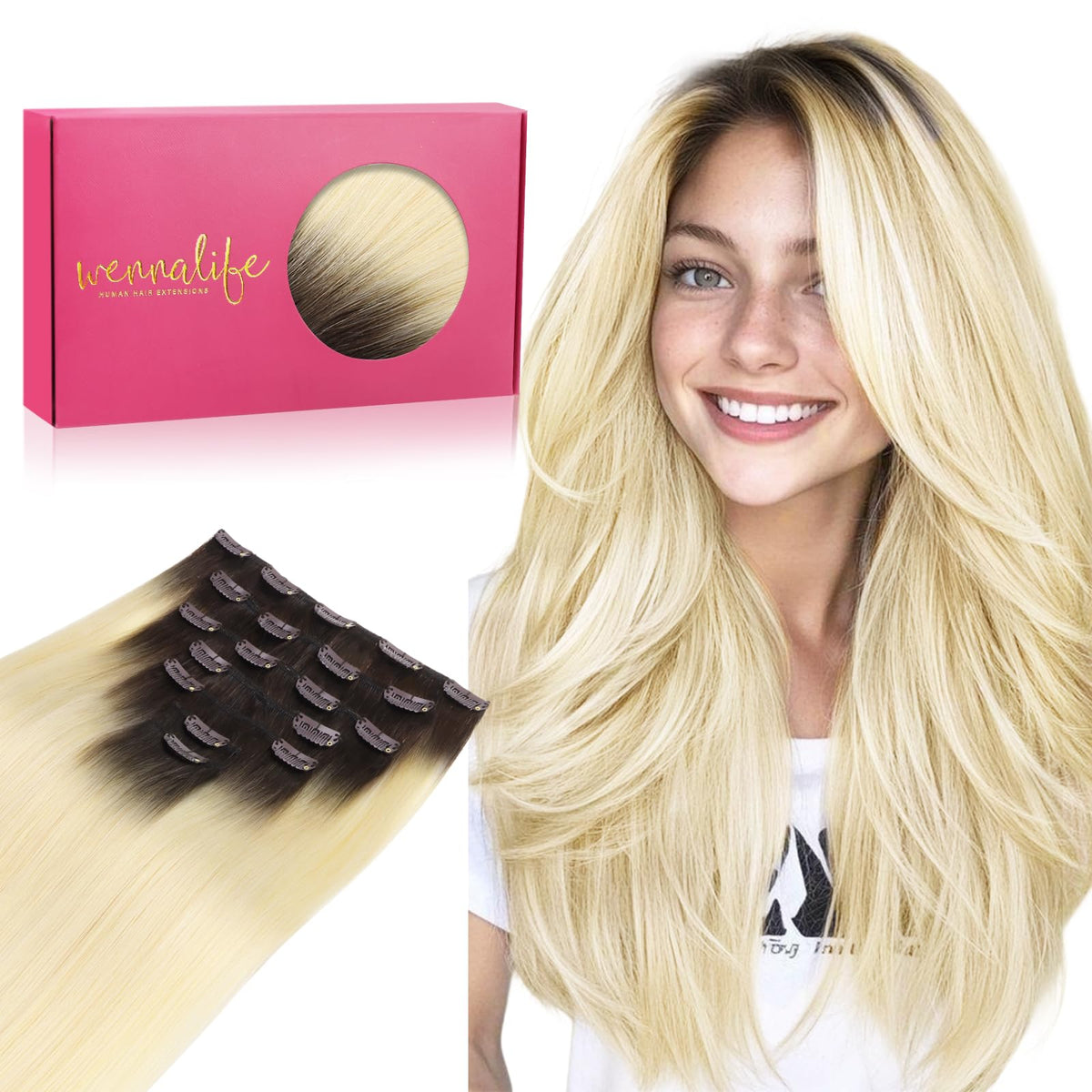 Wennalife Clip in Hair Extensions 22 Inch ombre brown to blonde front view