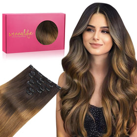Wennalife Clip In Hair Extensions 22 Inch Ombre Dark Brown to Light Chestnut Brown