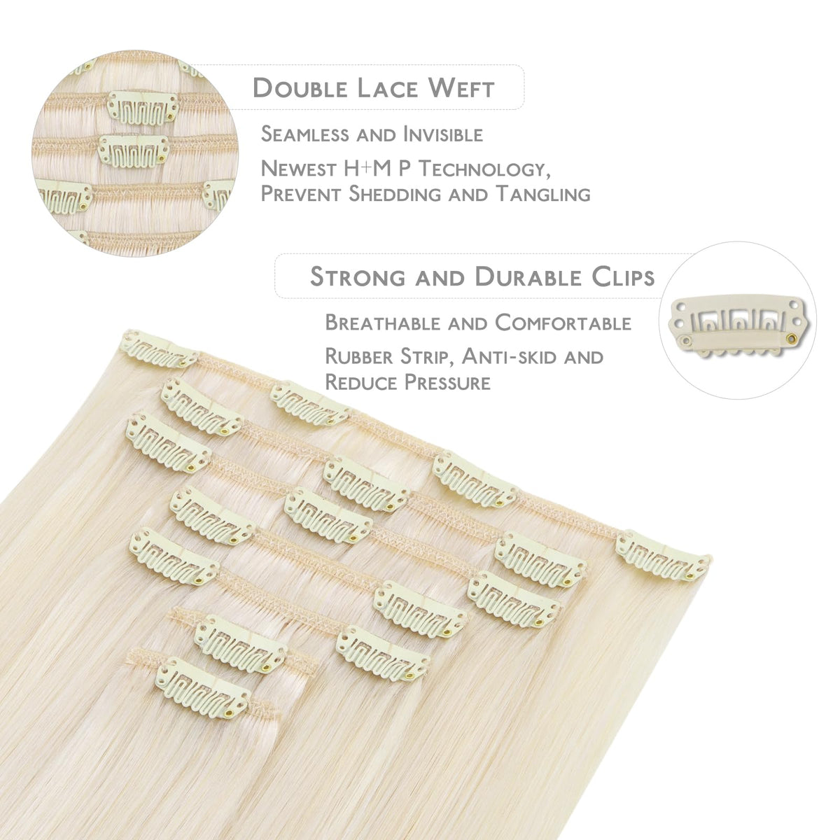 Wennalife Clip In Hair Extensions 22 Inch White Blonde close-up of clips