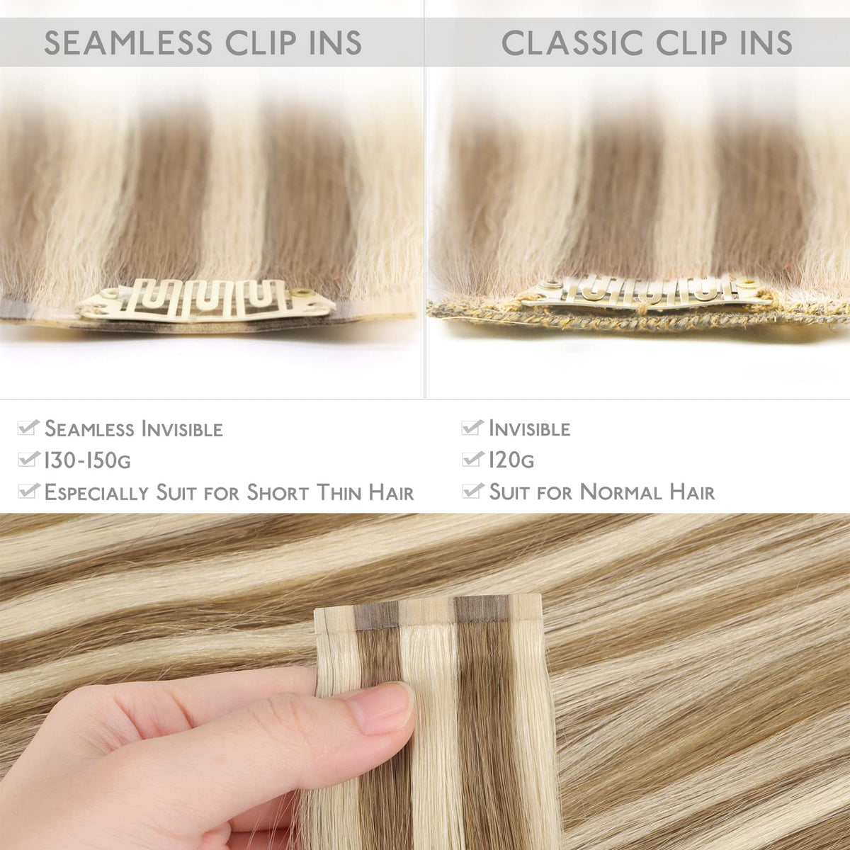Wennalife Clip In Hair Extensions 24 Inch Ash Brown with Platinum Blonde Highlights close-up of weft