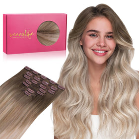 Wennalife Clip In Hair Extensions 24 Inch Balayage Sandy Brown to Platinum Blonde front view