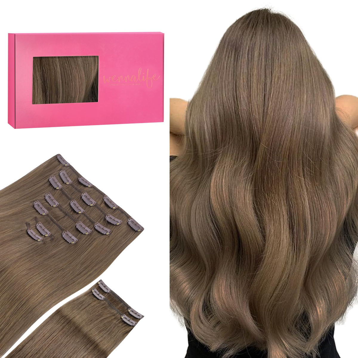 Wennalife Clip In Hair Extensions 24 Inch Light Brown front view