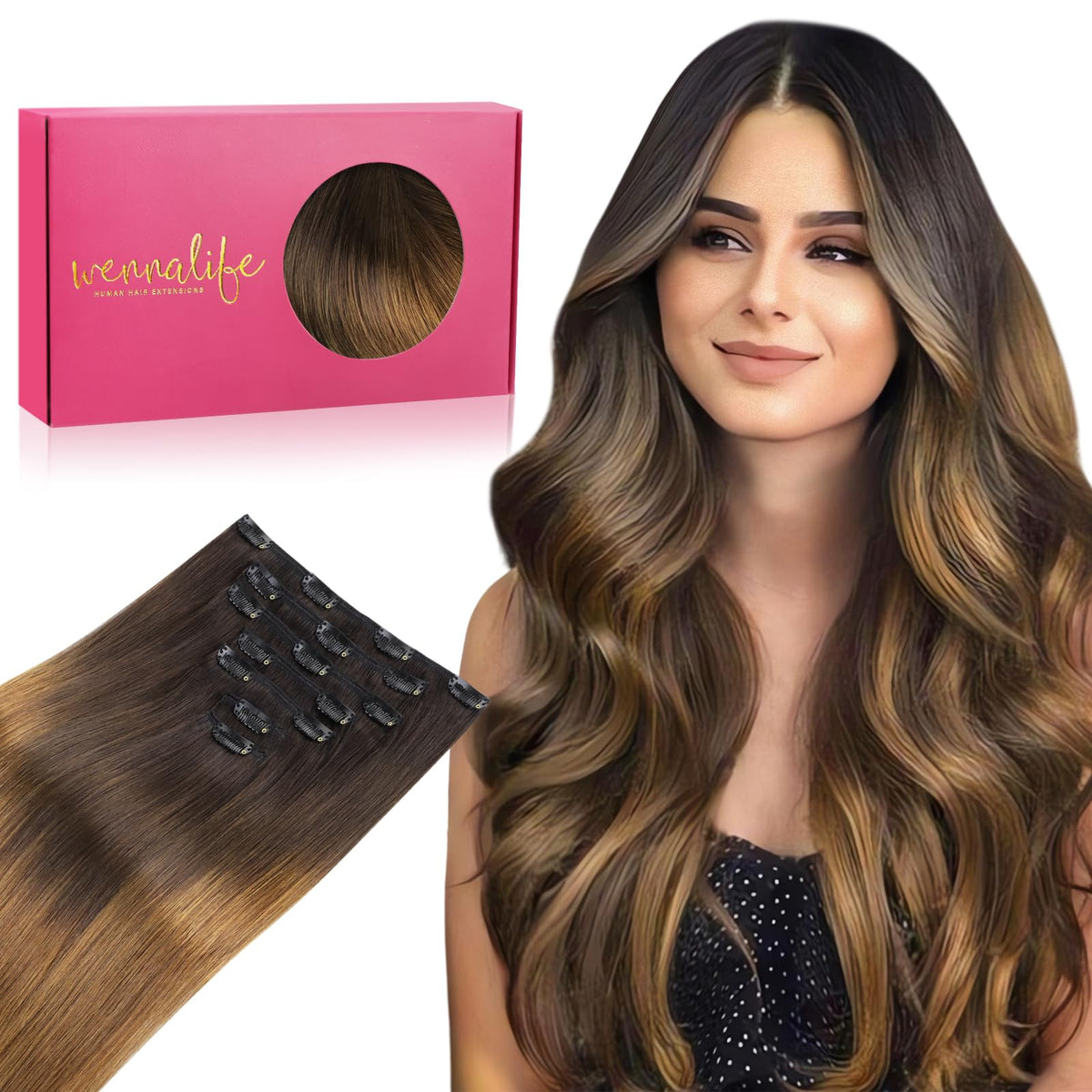 Wennalife Clip In Hair Extensions 24 Inch Ombre Dark Brown to Light Chestnut Brown front view