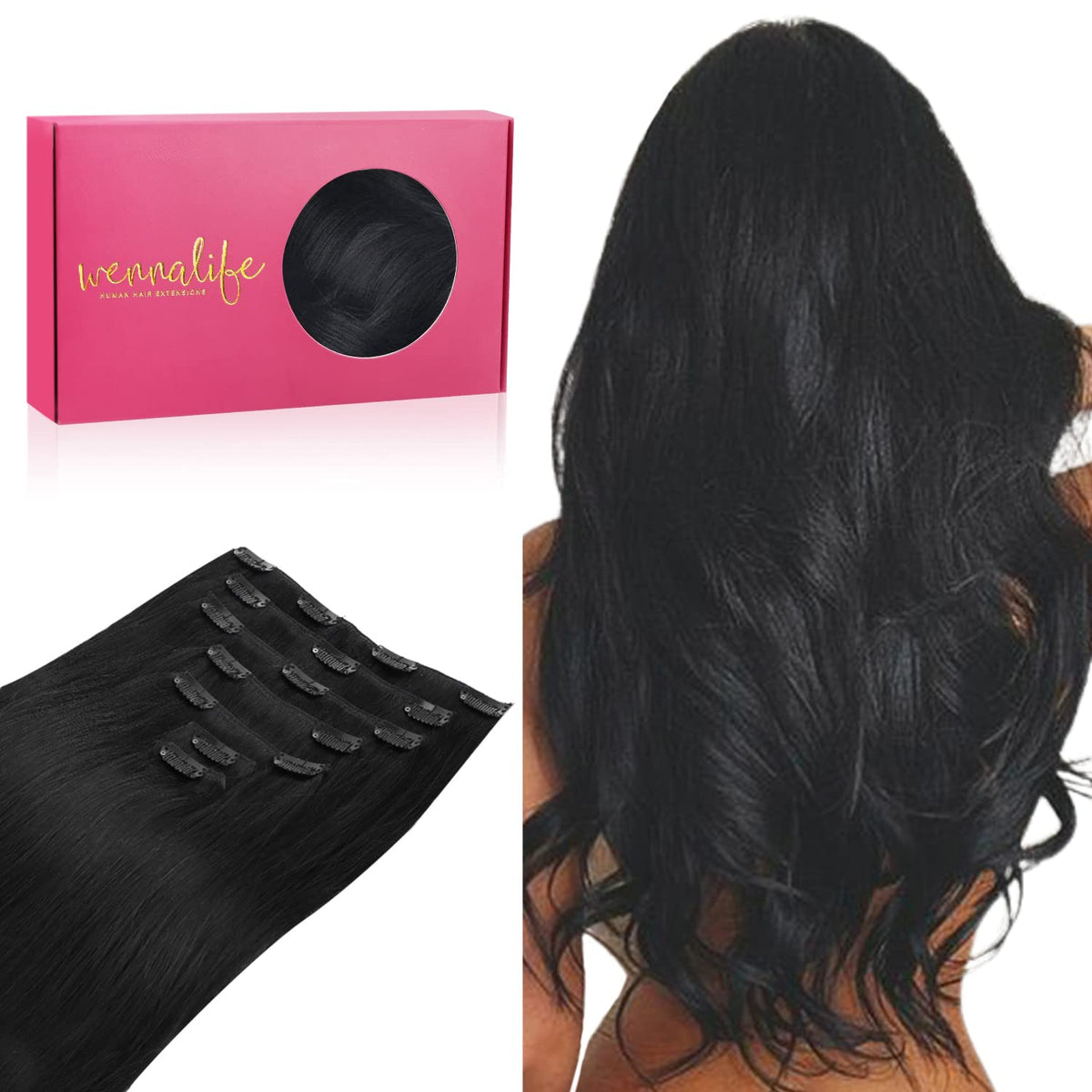 Wennalife Clip in Hair Extensions Jet Black front view