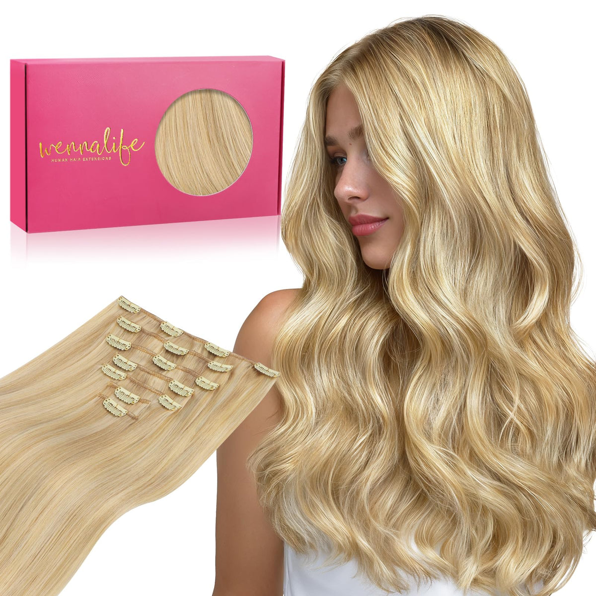 Wennalife Clip In Human Hair Extensions 14 Inch Light Blonde front view