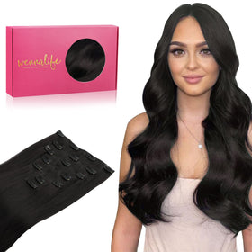 Wennalife Clip In Human Hair Extensions 14 Inch Natural Black front view