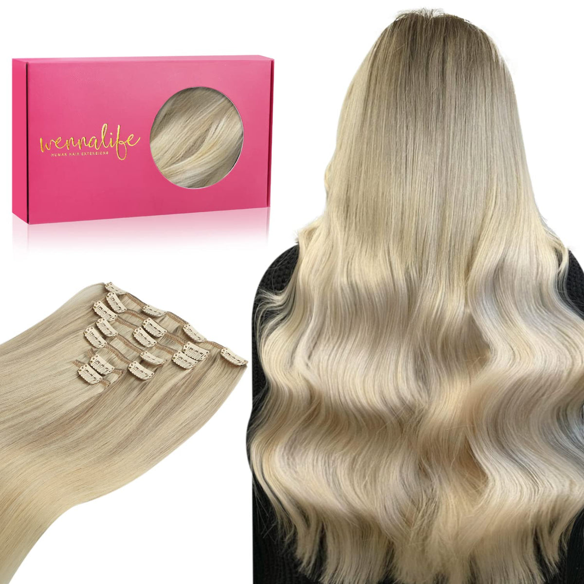 Wennalife Clip In Human Hair Extensions 18 Inch Ash Blonde front view
