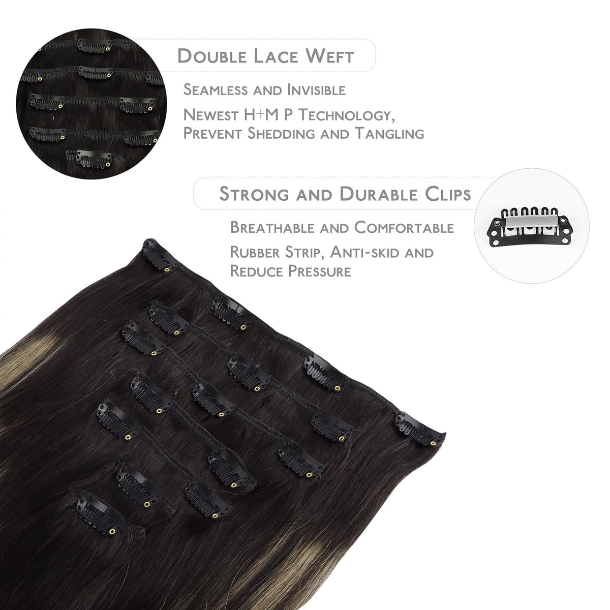 Wennalife Clip In Human Hair Extensions 20 Inch close-up of clips