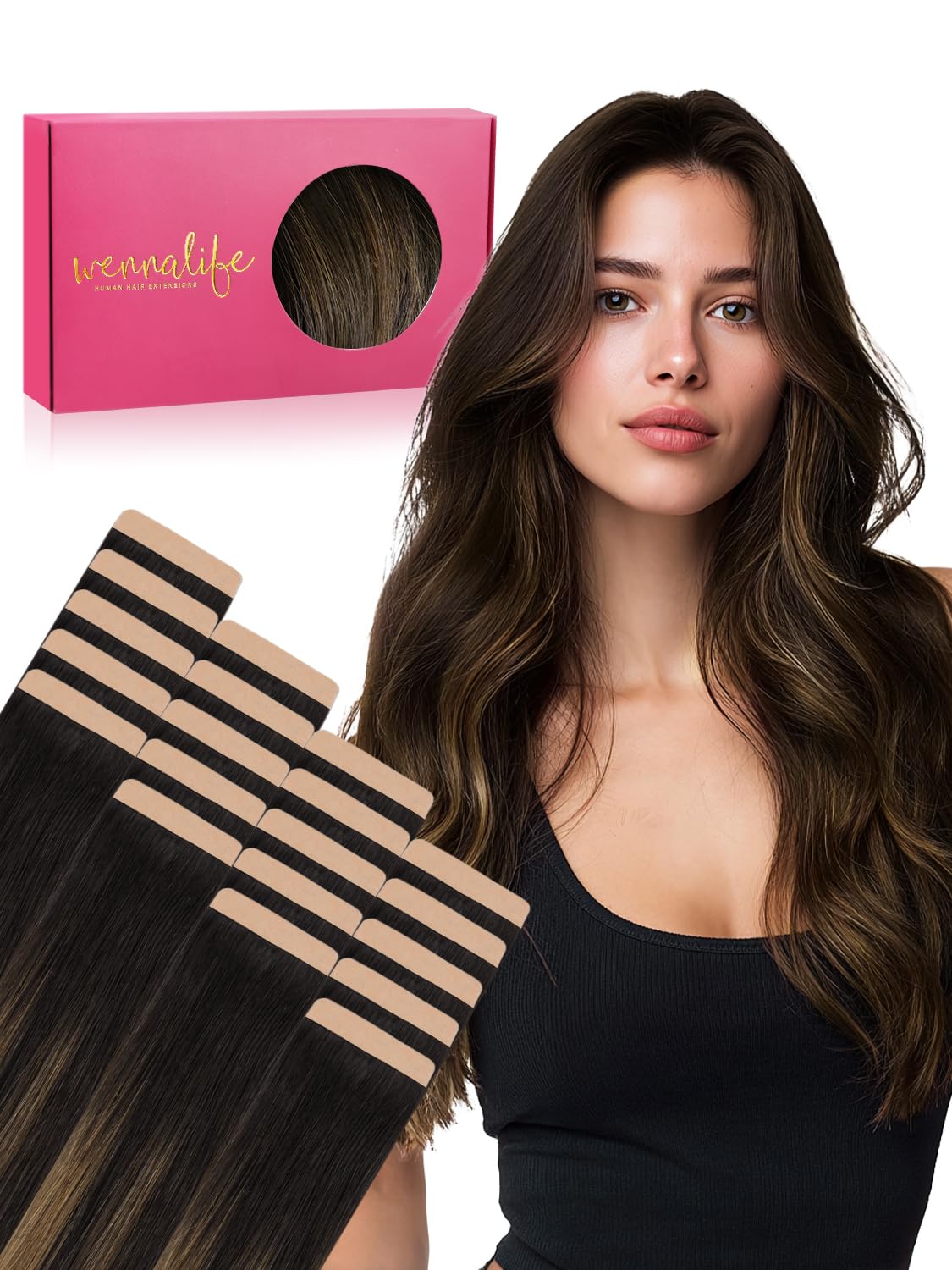 Wennalife Fuller Tape in Hair Extensions 18 inch Balayage Dark Brown Mixed Chestnut Brown front view