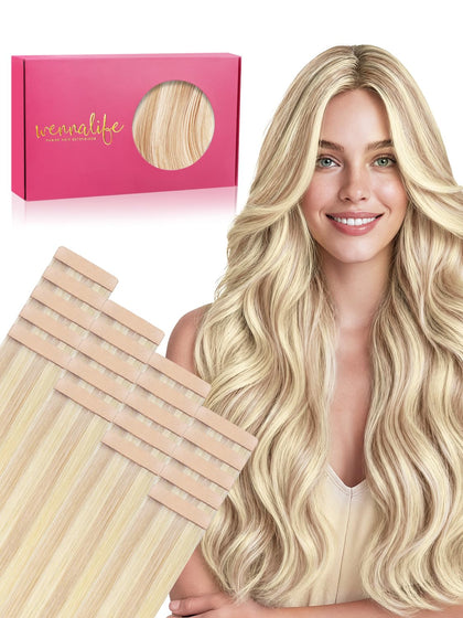 Wennalife Fuller Tape In Hair Extensions 22 inch Balayage Light Wheat Platinum Blonde front view