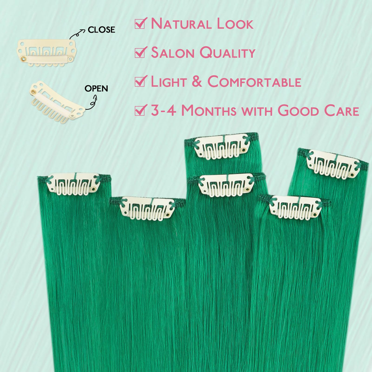 Wennalife Green Clip-in Hair Extensions 22 Inch close-up of clips