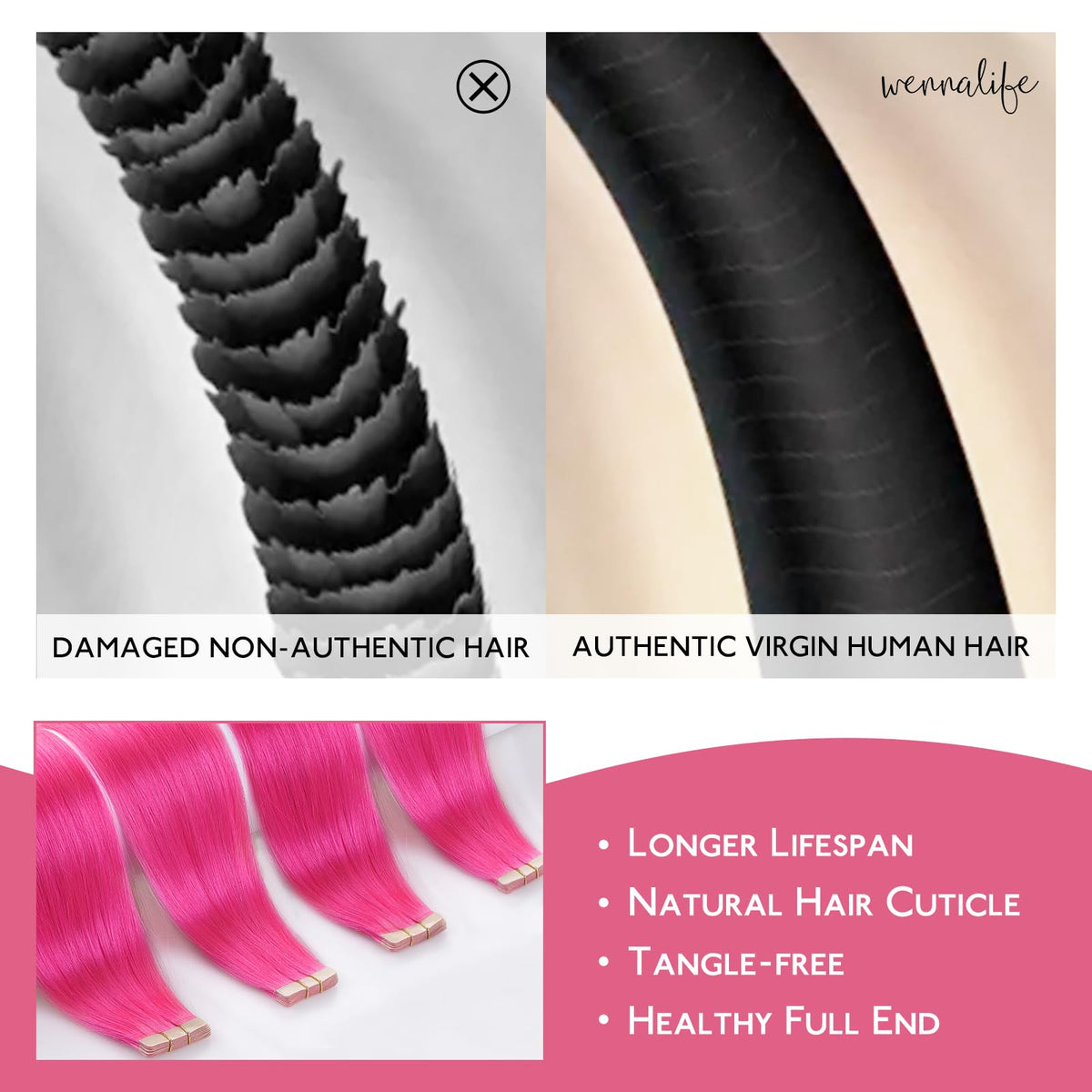 Wennalife Hot Pink Tape in Hair Extensions 22 inch back view