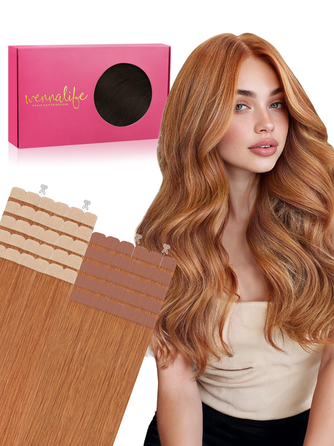 Wennalife Mini Tape in Hair Extensions 20 Inch Auburn Ginger front view