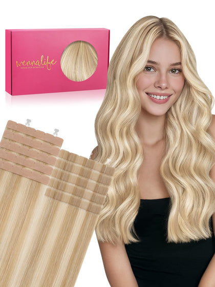 Wennalife Mini Tape in Hair Extensions 22 Inch dirty blonde front view