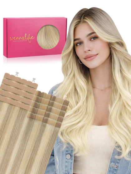 Wennalife Mini Tape in Hair Extensions 22 Inch Ombre Ash Blonde front view