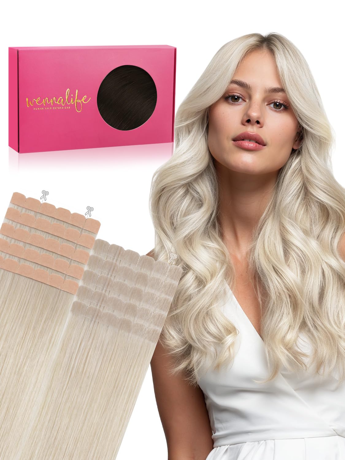 Wennalife Mini Tape in Hair Extensions 24 Inch Platinum Blonde front view