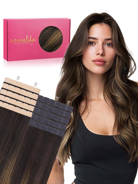 Wennalife Mini Tape in Hair Extensions front view in balayage brown