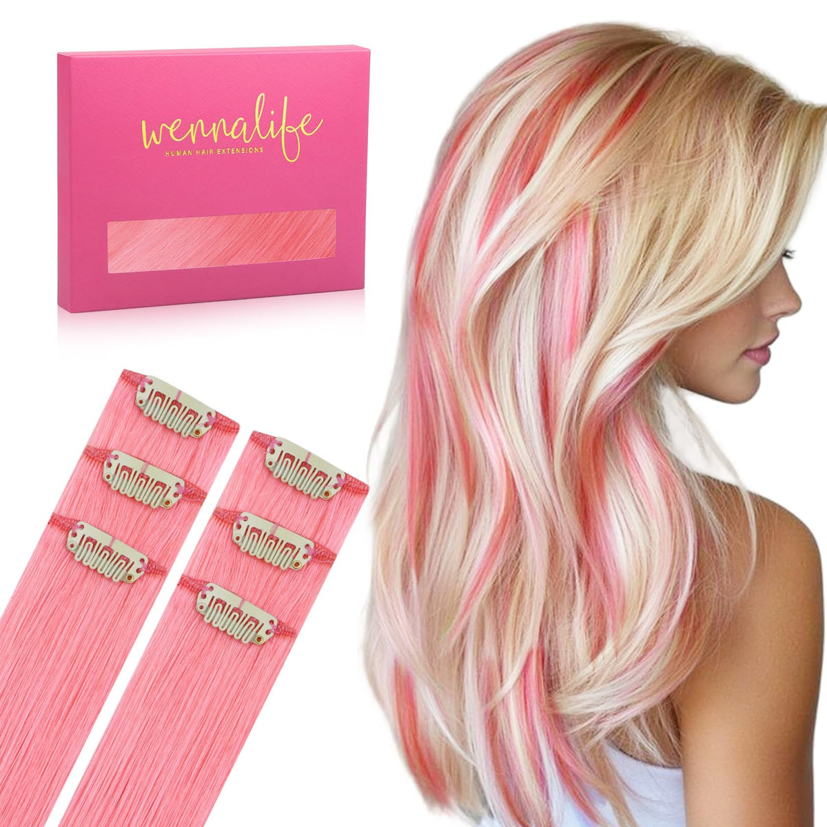 Wennalife Peach Pink Clip-In Hair Extensions front view