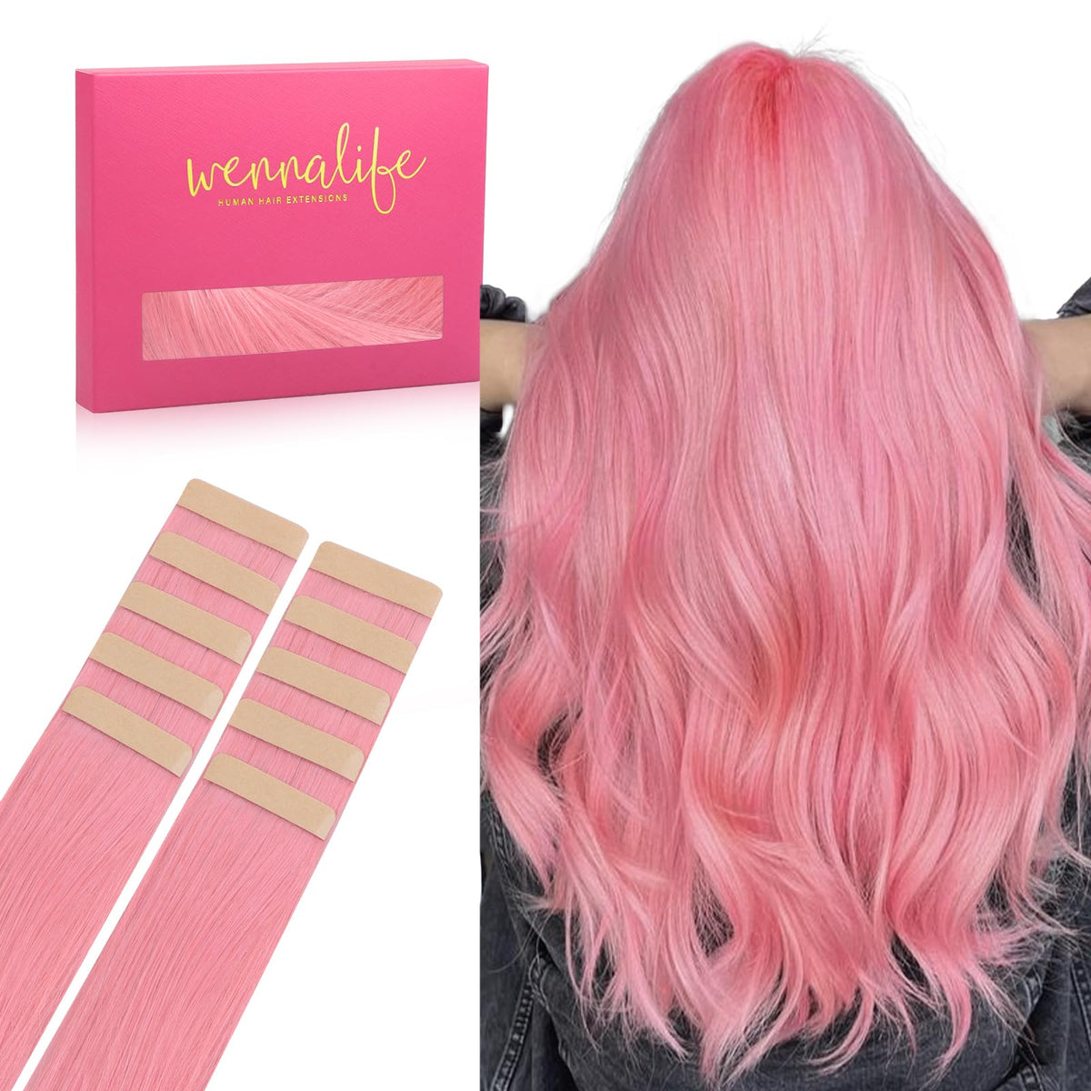 Wennalife Peach Pink Tape In Hair Extensions front view