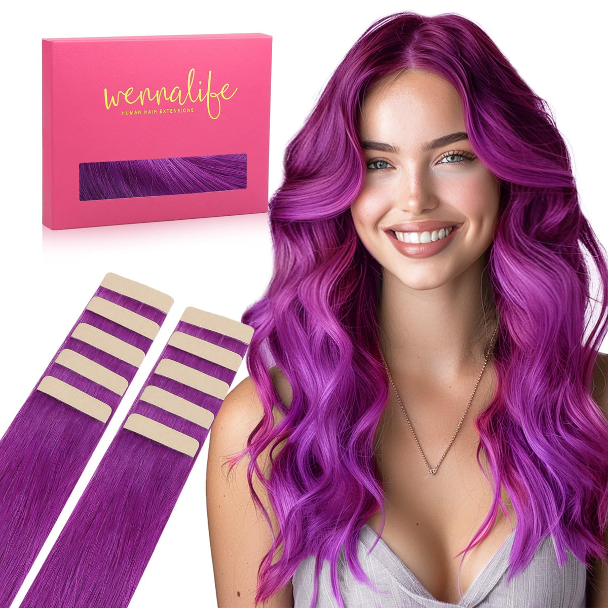 Wennalife purple tape in hair extensions 22 inch front view