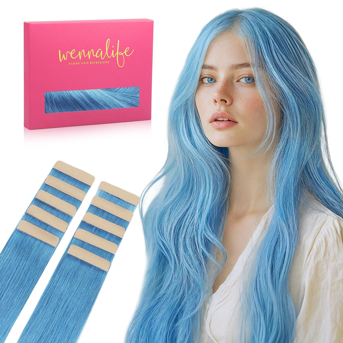 Wennalife SkyBlue Tape in Hair Extensions 14 inch front view
