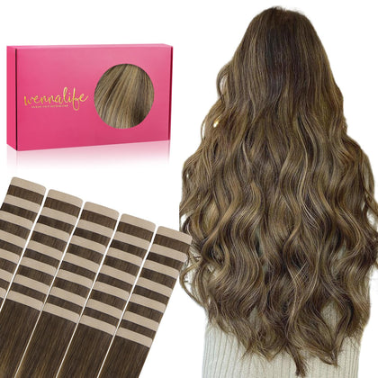 Wennalife Tape in Hair Extensions 100g 22 inch Balayage Chocolate Brown to Caramel Blonde front view
