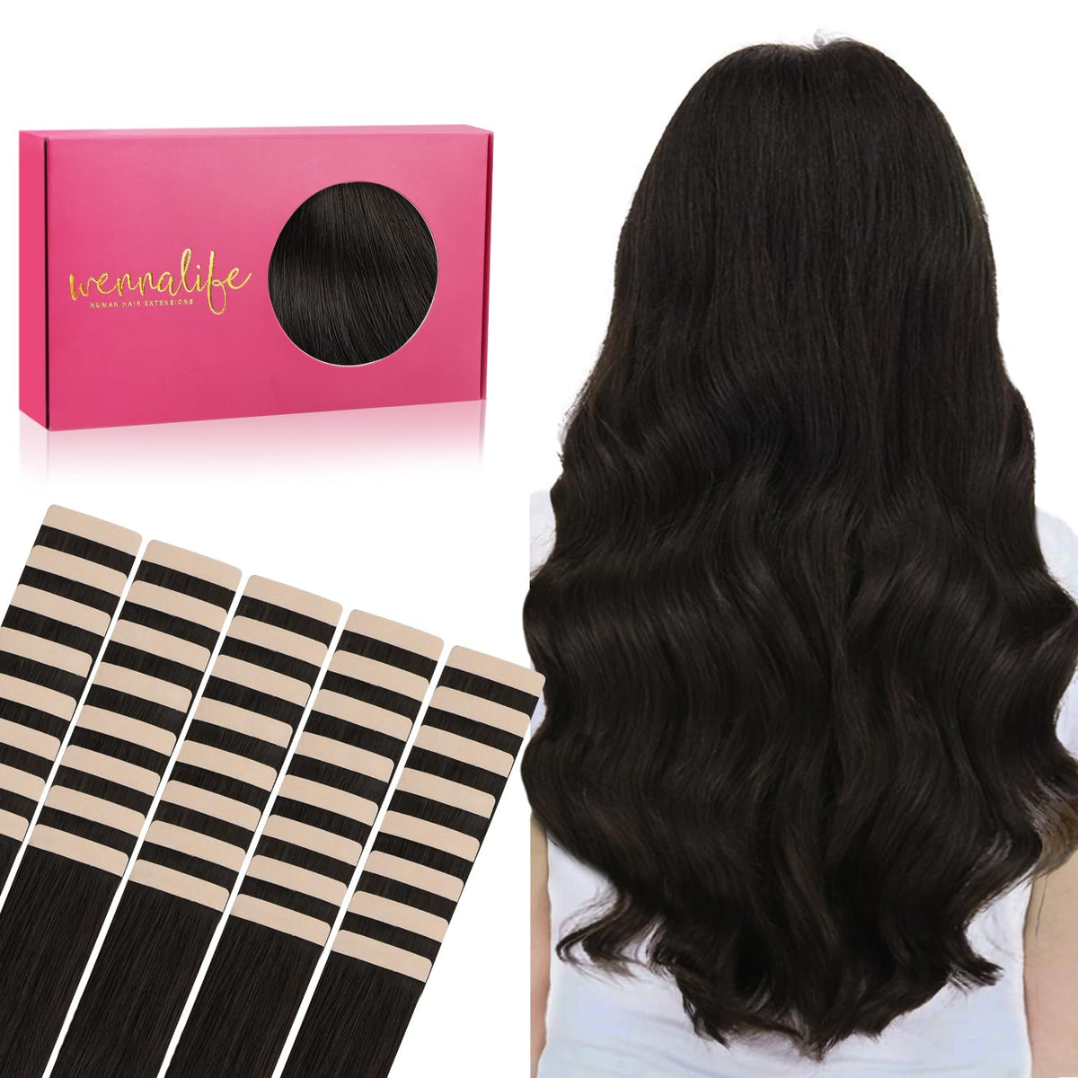 Wennalife Tape in Hair Extensions 100g dark brown front view