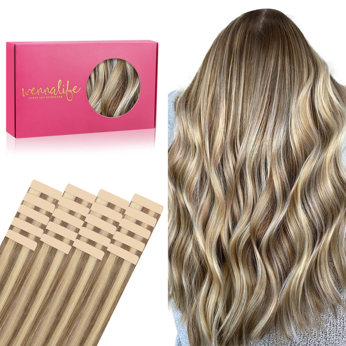 Wennalife Tape in Hair Extensions 12 Inch Ash Brown with Platinum Blonde Highlights front view
