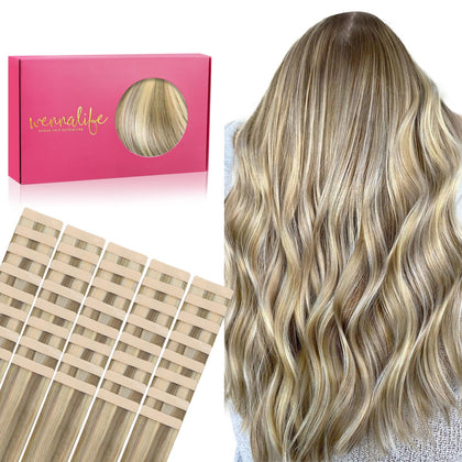 Wennalife Tape in Hair Extensions 12 inch Ash Brown with Platinum Blonde Highlights front view