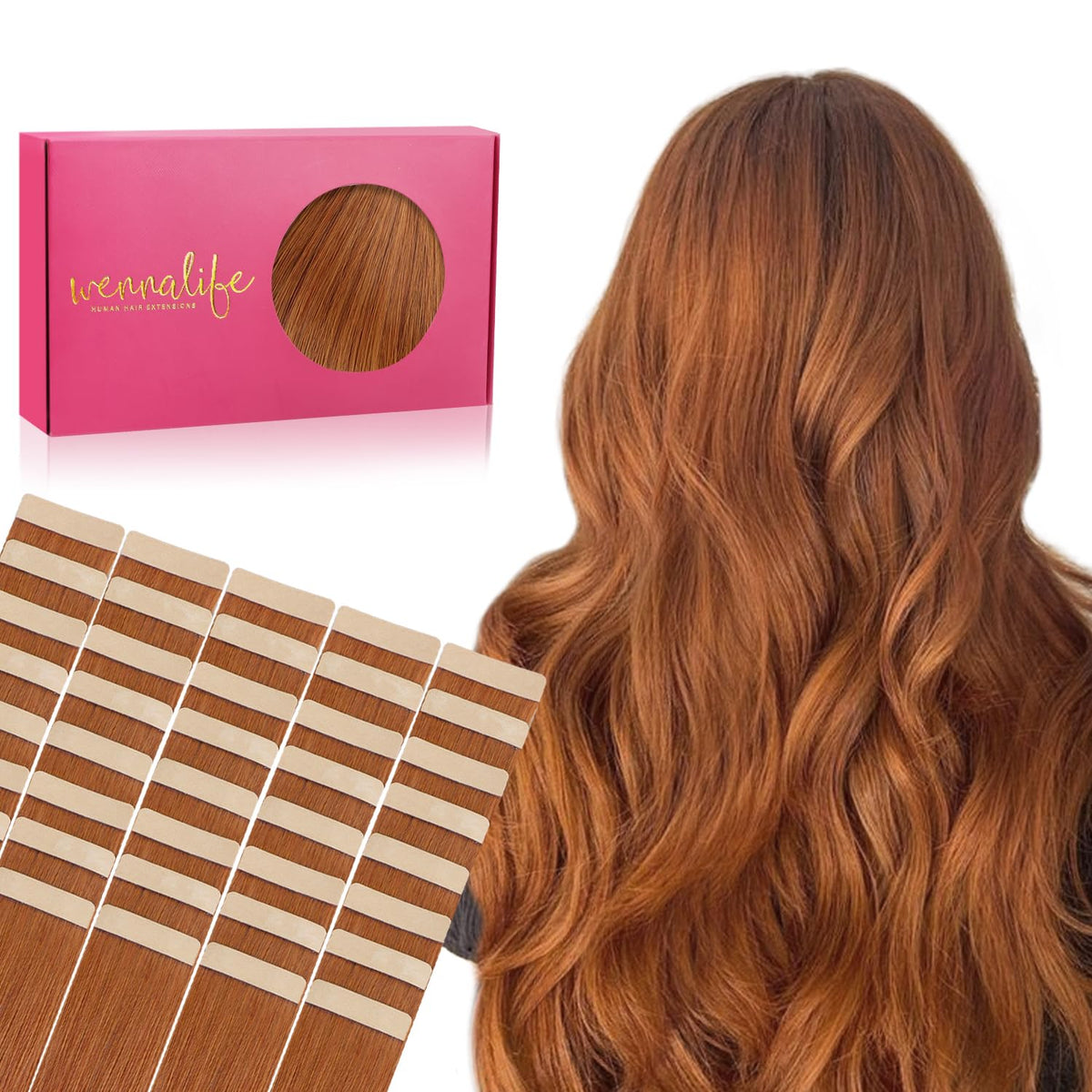 Wennalife Tape in Hair Extensions 12 Inch Dirty Ginger front view