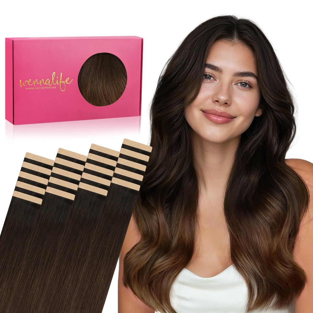Wennalife Tape in Hair Extensions 12 inch Ombre Dark Brown to Light Chestnut Brown front view