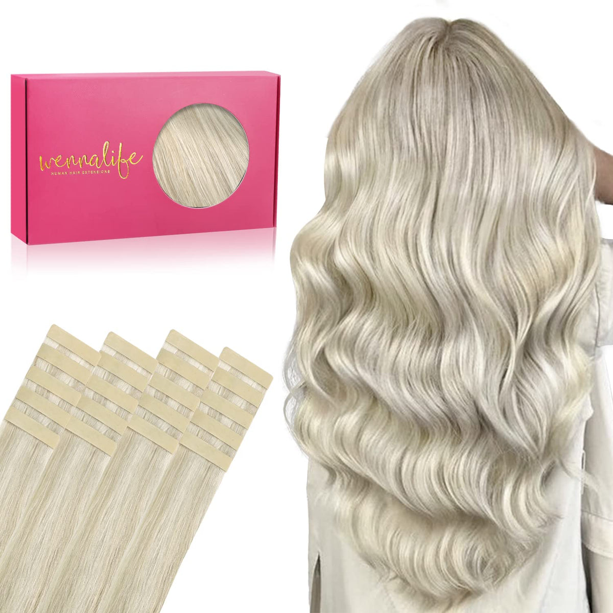 Wennalife Tape in Hair Extensions 14 inch Ash Blonde front view
