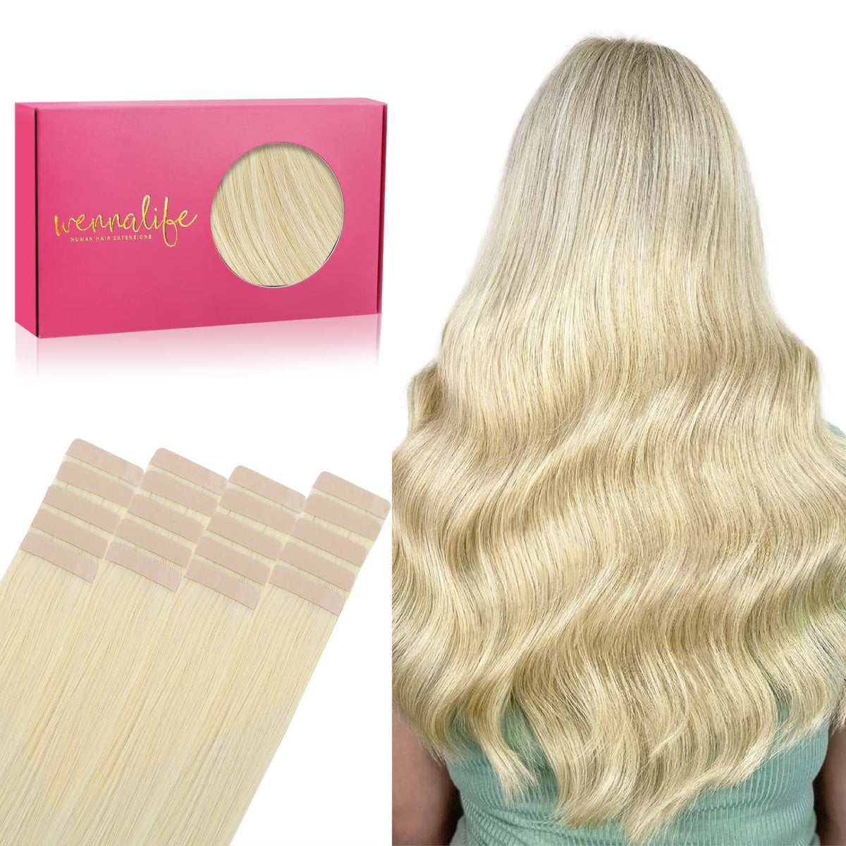 Wennalife Tape in Hair Extensions 14 inch Bleach Blonde front view