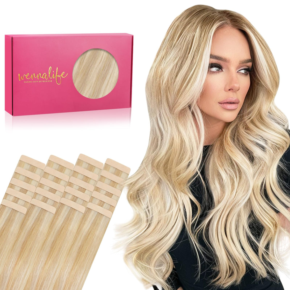 Wennalife Tape in Hair Extensions 14 inch Dirty Blonde front view
