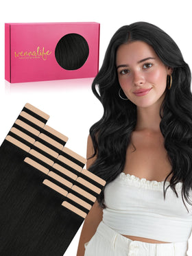 Wennalife Tape in Hair Extensions 14 inch Jet Black front view