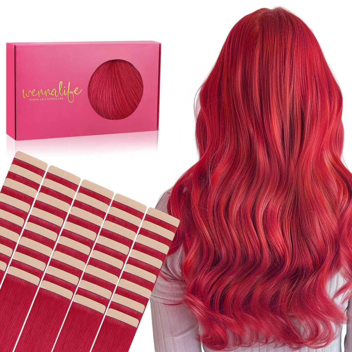 Wennalife Tape in Hair Extensions 14 inch red front view