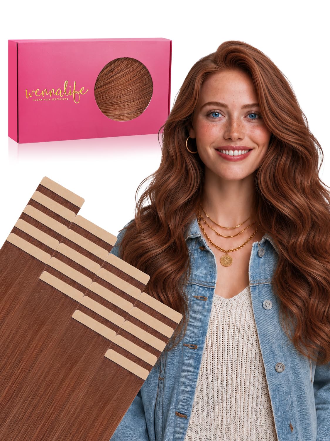 Wennalife Tape in Hair Extensions 16 Inch Cinnamon Copper front view