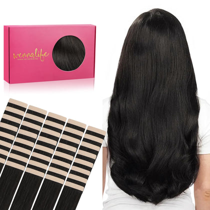 Wennalife Tape in Hair Extensions 16 Inch Natural Black front view