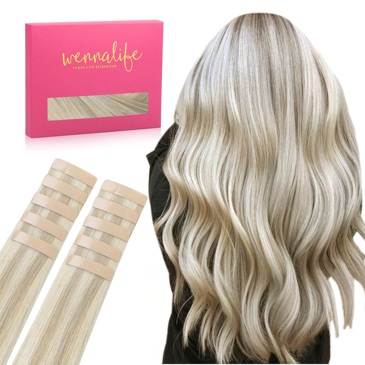 Wennalife Tape in Hair Extensions 16 inch Remy human hair front view