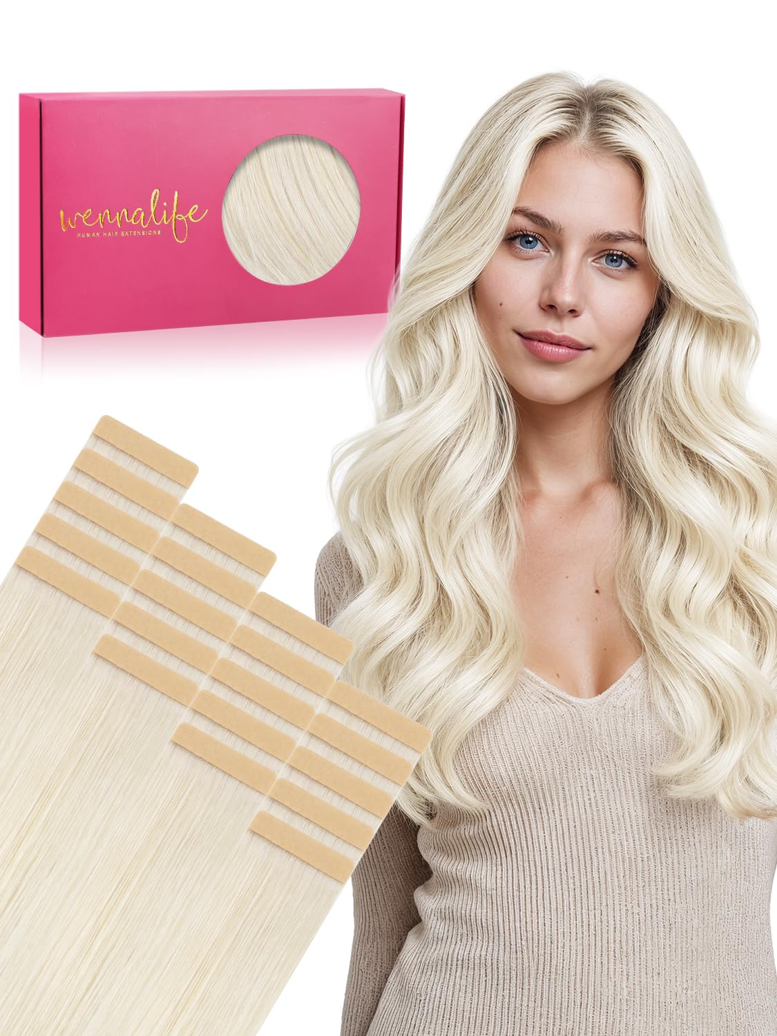 Wennalife Tape in Hair Extensions 16 inch White Blonde front view