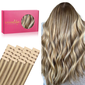 Wennalife Tape in Hair Extensions 18 inch Ash Brown with Platinum Blonde Highlights front view