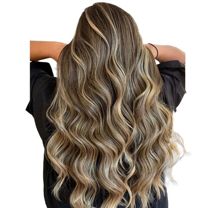 Wennalife Tape in Hair Extensions 18 inch Balayage Chocolate Brown to Caramel Blonde front view