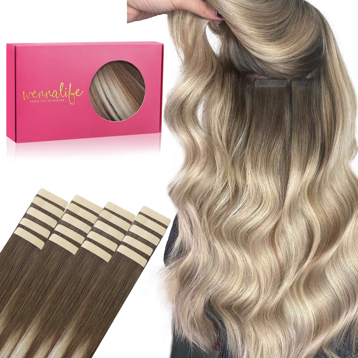 Wennalife Tape in Hair Extensions 18 inch Platinum Blonde front view