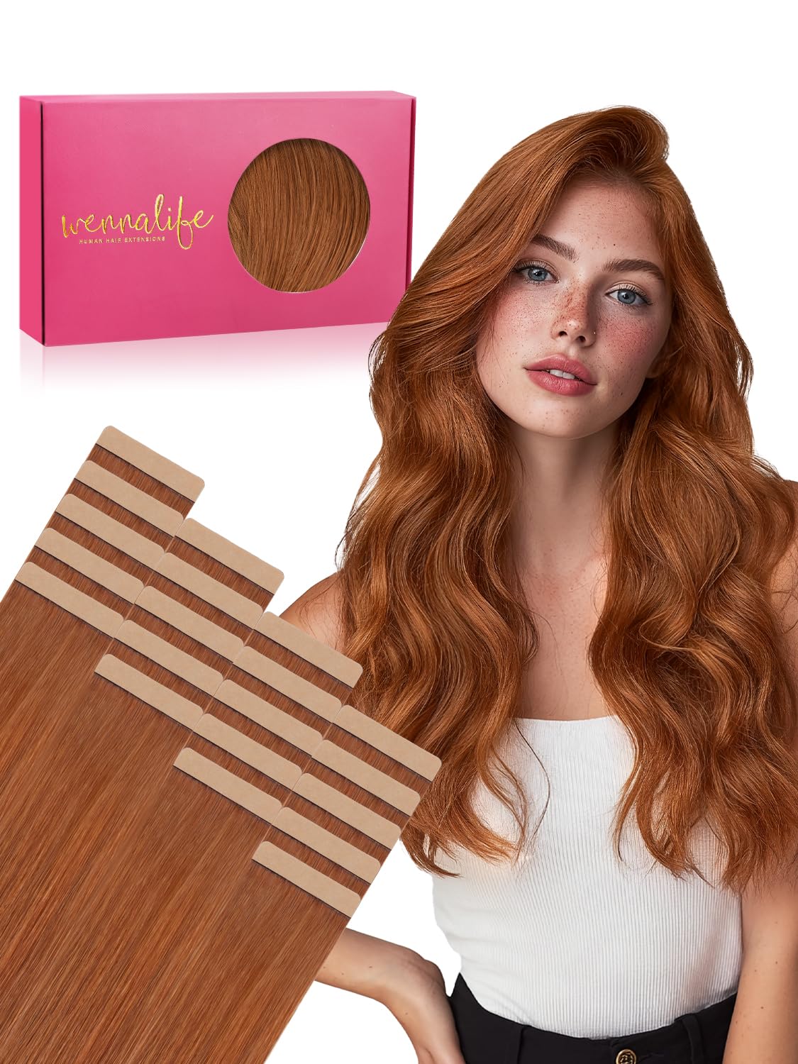 Wennalife Tape in Hair Extensions 20 inch 80g Dirty Ginger front view