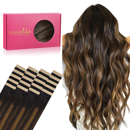 Wennalife Tape in Hair Extensions 20 inch Natural Black and Chestnut Brown front view