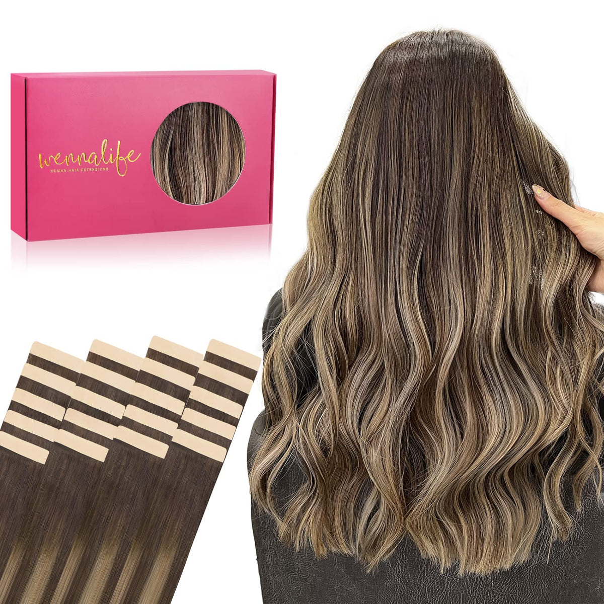 Wennalife Tape in Hair Extensions 20pcs 16 inch Balayage Chocolate Brown to Honey Blonde front view