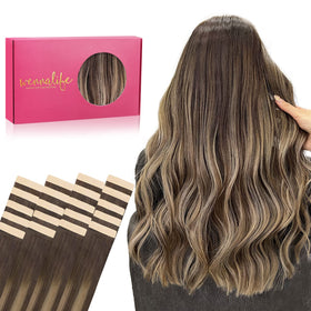 Wennalife Tape in Hair Extensions 20pcs 16 inch Balayage Chocolate Brown to Honey Blonde front view