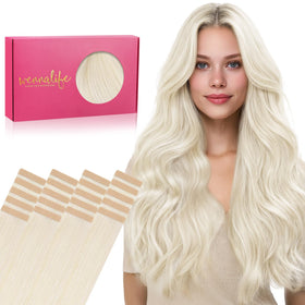 Wennalife Tape in Hair Extensions 20pcs 50g 16 inch White Blonde front view