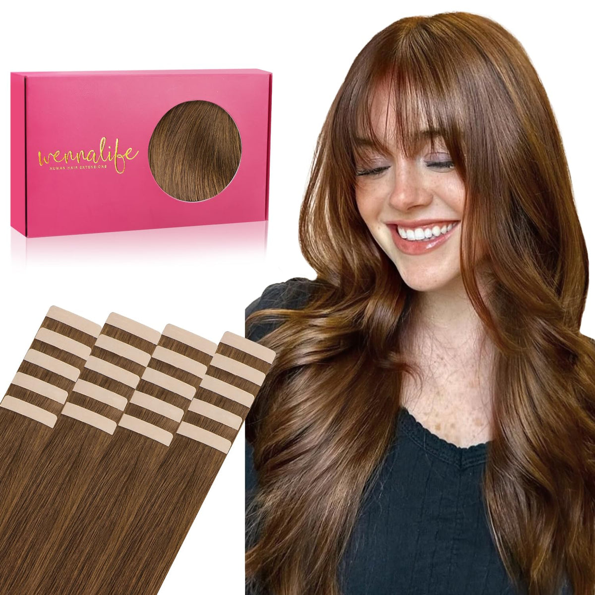 Wennalife Tape in Hair Extensions 20pcs 50g Light Auburn Brown front view