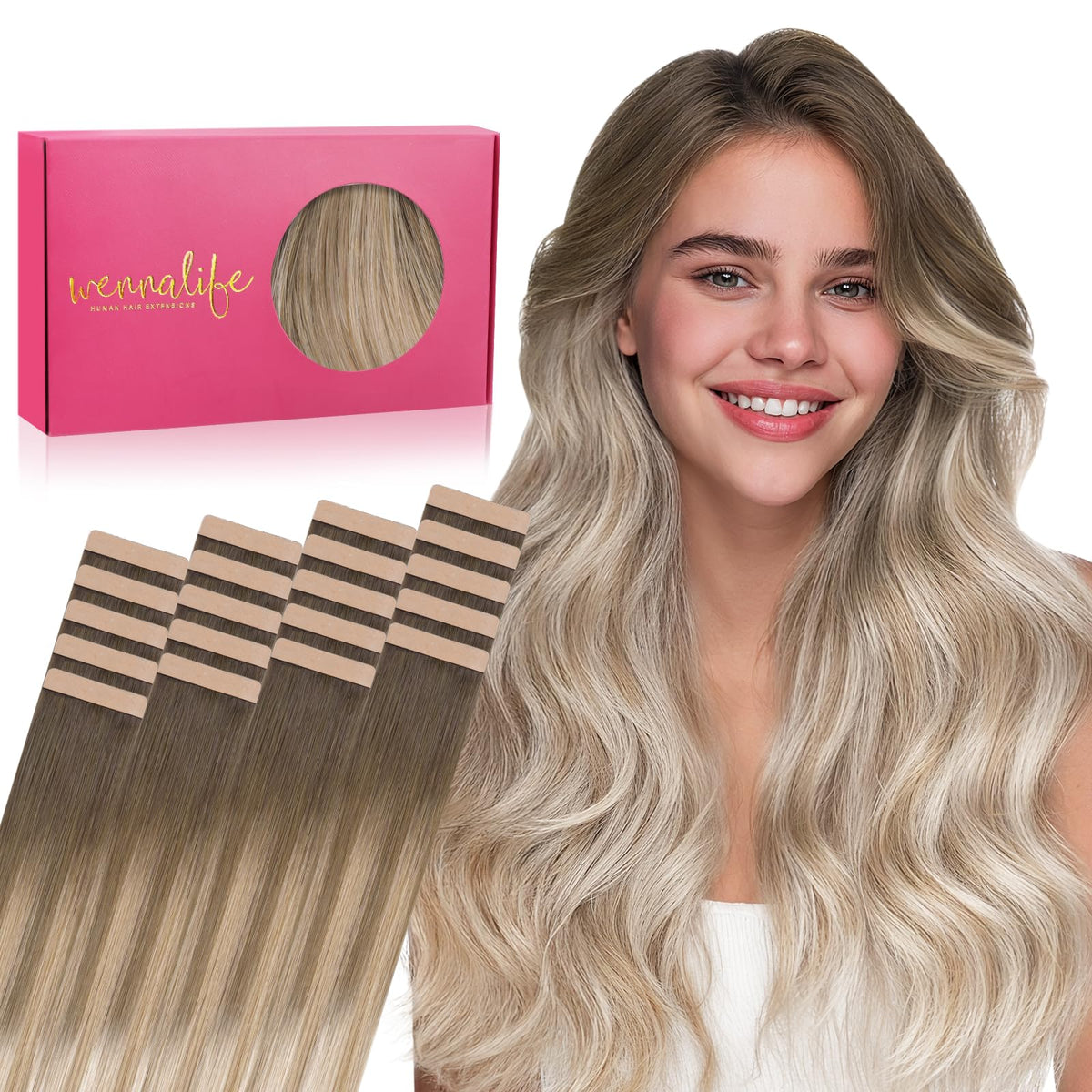 Wennalife Tape in Hair Extensions 20pcs Balayage Sandy Brown to Platinum Blonde